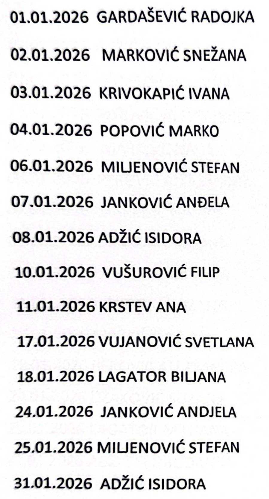 Raspored rada januar 2026 sestre