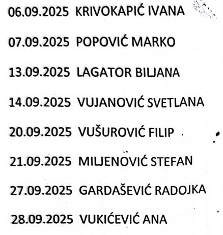 Raspored rada septembar 2025 4 Sestre